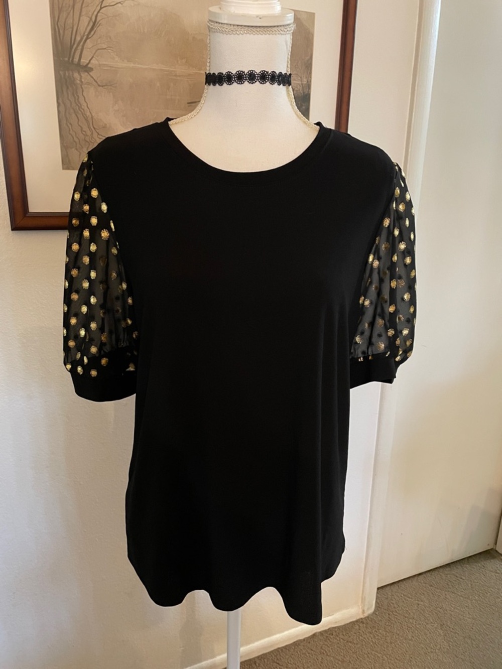 Cece Black Top with Gold Polka Dot Sheer Sleeves Large